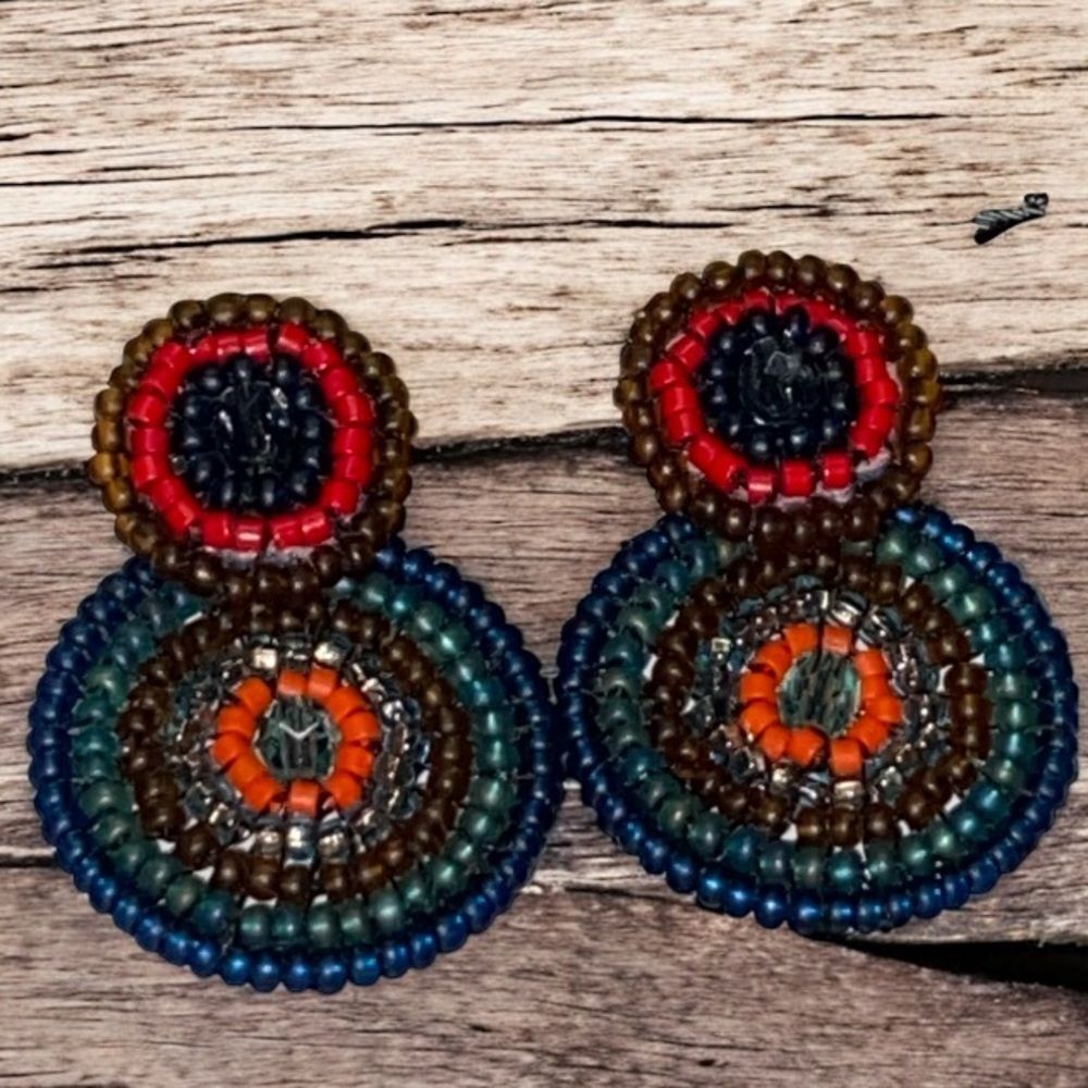 * hand Beaded double circular stud Earrings multi earth tone colors 1” long